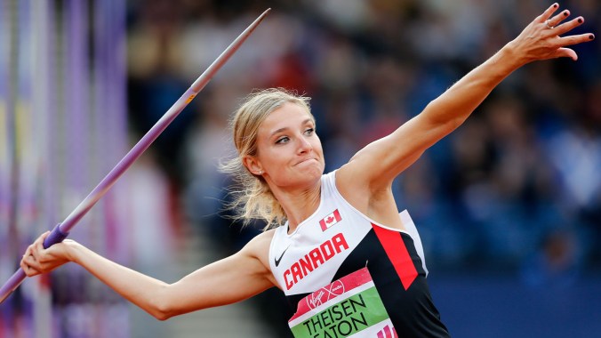 Brianne Theisen-Eaton in the javelin throw of the heptathlon before winning gold.