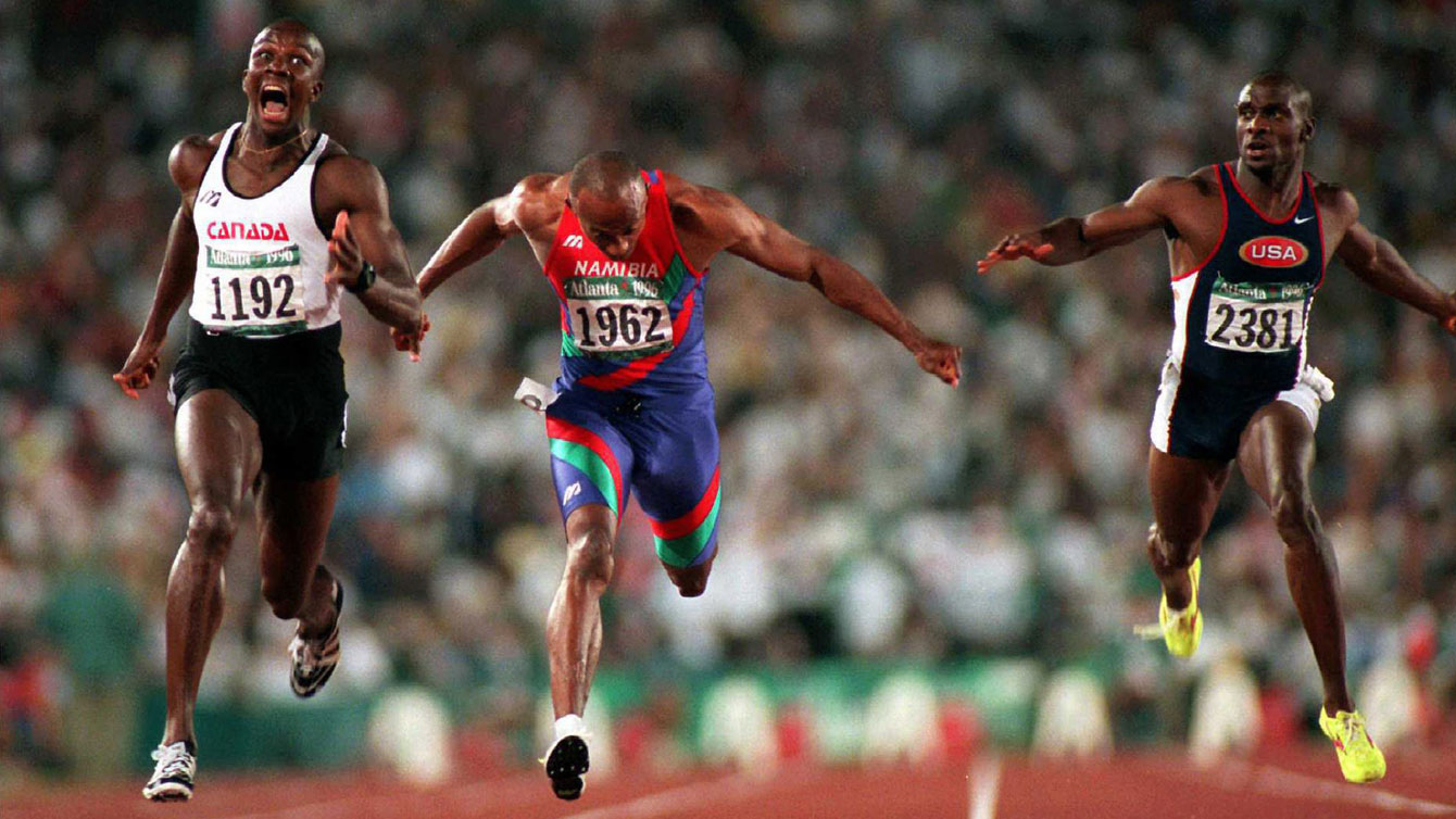 Donovan Bailey crosses the finish line at Atlanta in world record time, immediately turning staff at NBC into amateur sports scientists. 