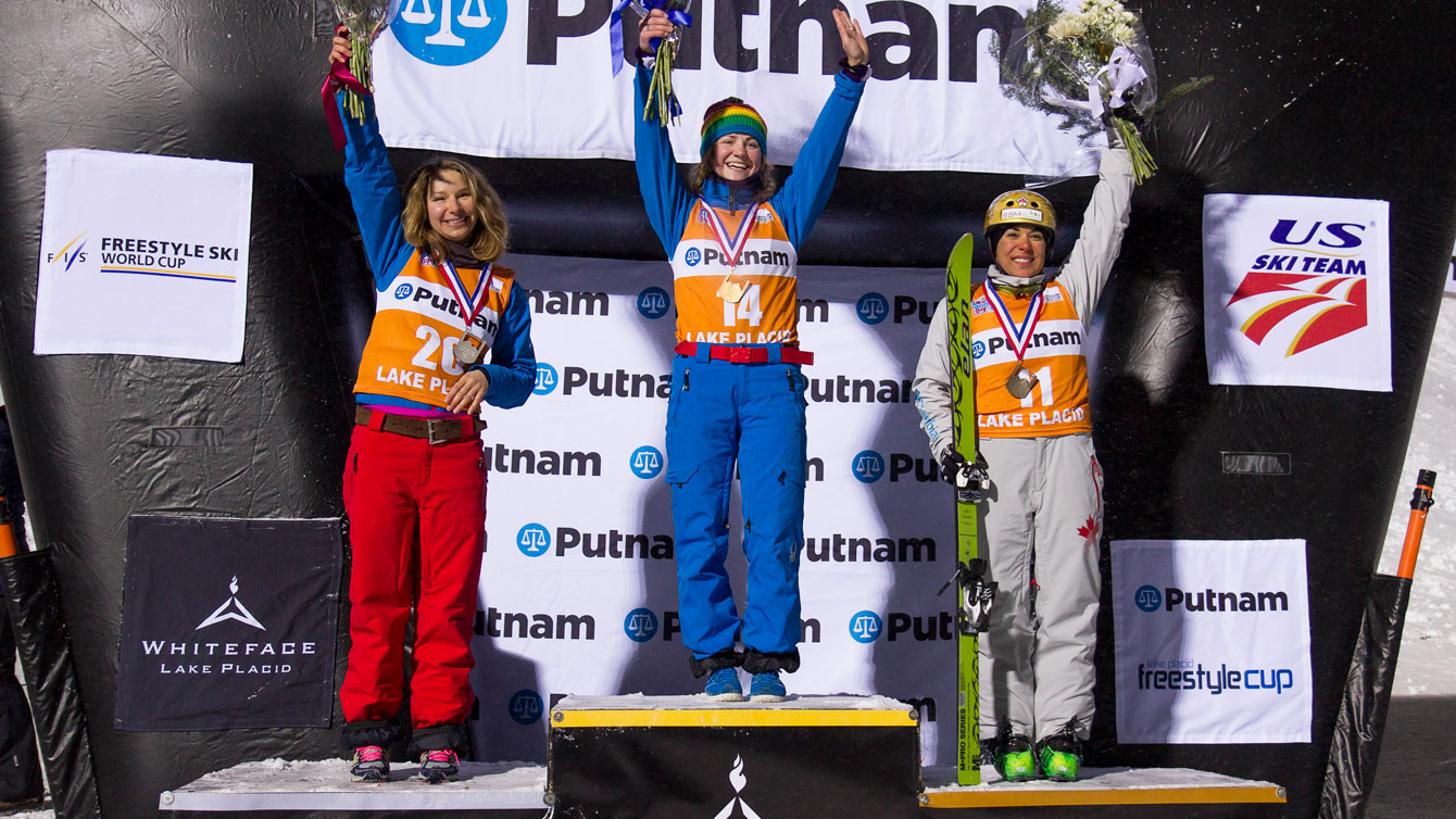 Melissa Corbo (right) on the women's aerials podium at Lake Placid. 