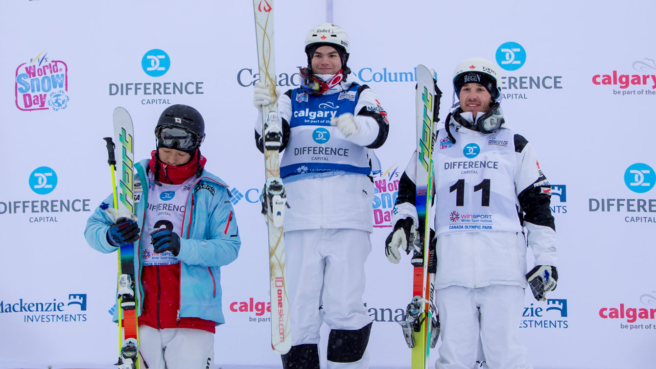 Mikael Kingsbury (centre) and Simon Pouliot-Cavanagh (right) at Calgary moguls World Cup in the 2014-15 season. Photo via Canadian Freestyle.