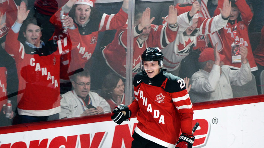 Sam Reinhart, seen here celebrating a goal against USA in group play, netted Canada's second goal of the night against Denmark. 