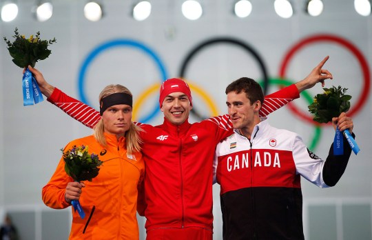 Denny Morrison at the flower ceremony for the 1500m in Sochi.
