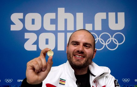 Jan Hudec poses with the loonie he buried near the finish line in Sochi.