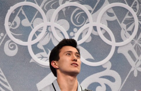 Patrick Chan reacts in the kiss n' cry, in Sochi.
