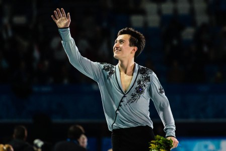 Patrick Chan after the flower ceremony in Sochi.