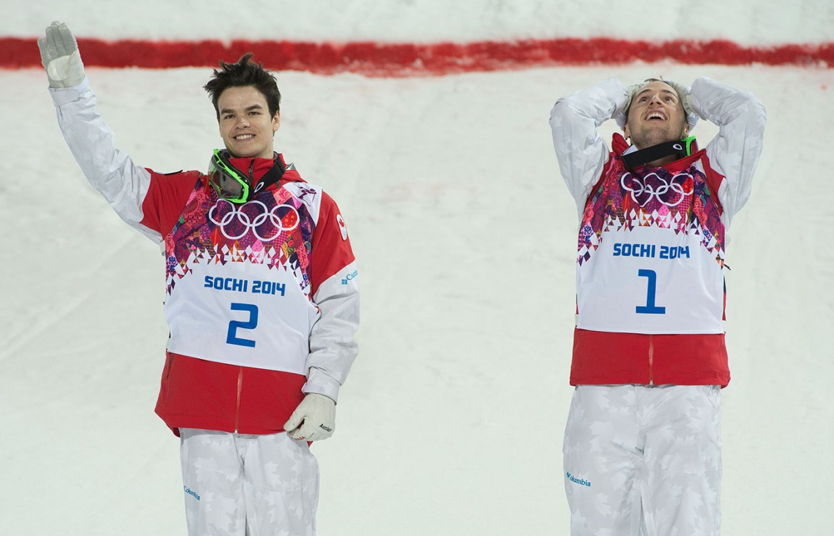 Mikaël Kingsbury (L) and Alex Bilodeau (R) immediately after winning the silver and gold medals respectively. 