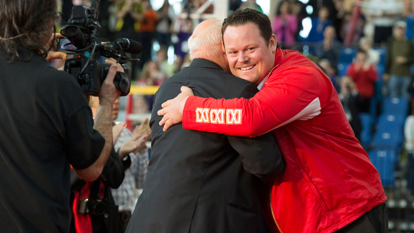 Dylan Armstrong embraces his coach Dr. Anatoliy Bondarchuk  - "Dr. B." - who switched him from the hammer throw to shotput. The rest is history. 