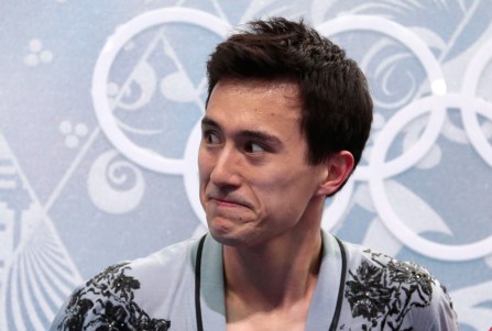 Patrick Chan reacts in the kiss n' cry, in Sochi.