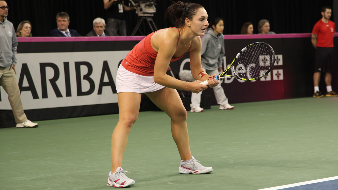 Gabriela Dabrowski waits for Tereza Smitkova of the Czech Republic to serve in their 2015 Fed Cup World Group match. 