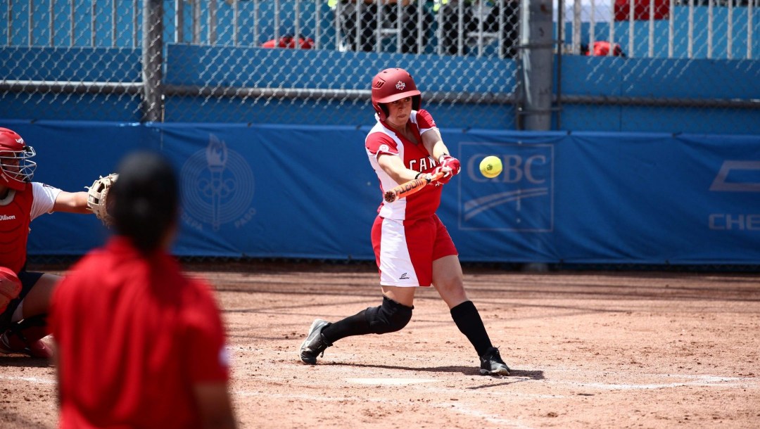 Team Canada's Erika Polidori at bat during the bottom of the 8th inning at the Toronto Pan Am Games in 2015