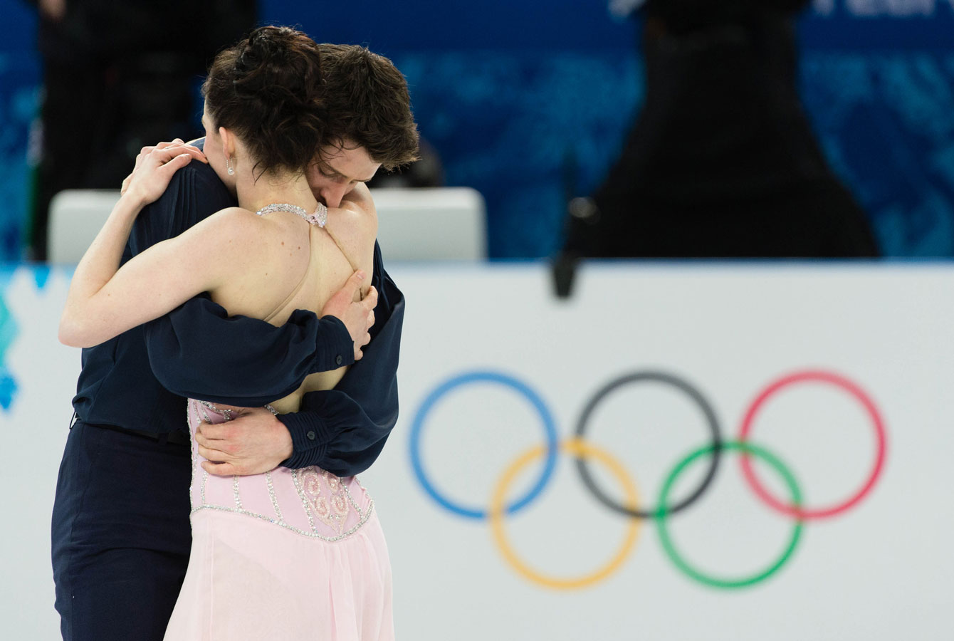 Tessa Virtue and Scott Moir at the conclusion of their Sochi 2014 Olympic program at Iceberg Skating Palace.