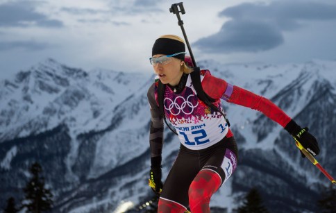Zina Kocher competes in the biathlon at the Laura Biathlon & Ski Complex.