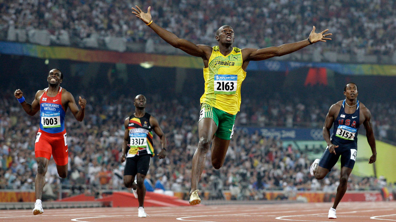 Usain Bolt completes the 100m/200m double at the Bird's Nest in Beijing in World Record time of 19.30 seconds, a mark he lowered a year later to an incredible 19.19 at the World Championships in Berlin.
