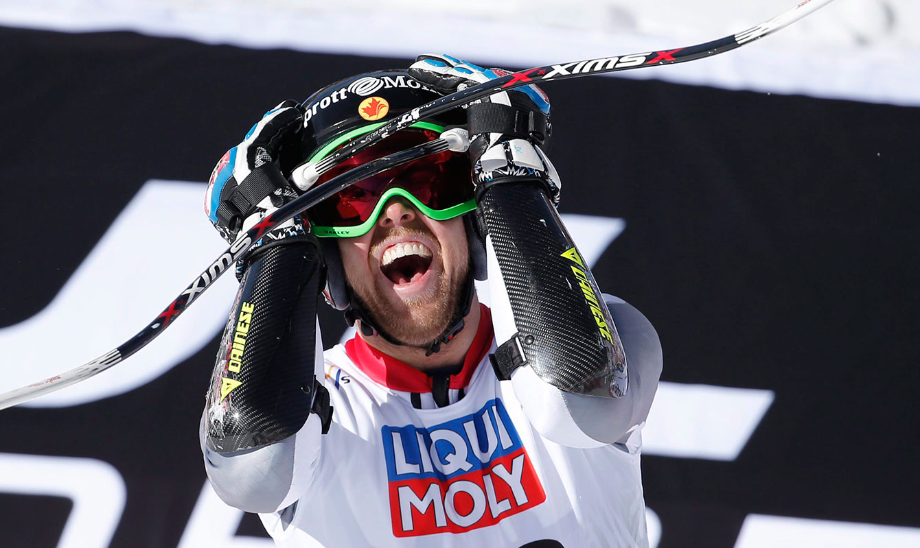 Dustin Cook reacts to finishing second in the super-G at the 2015 FIS Alpine World Championships. 