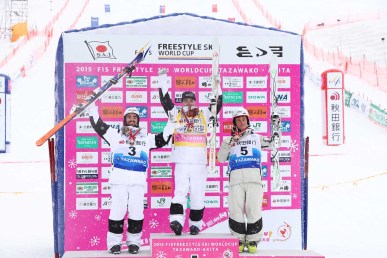 The men's dual moguls podium including Philippe Marquis (2nd) and Mikaël Kingsbury (1st).