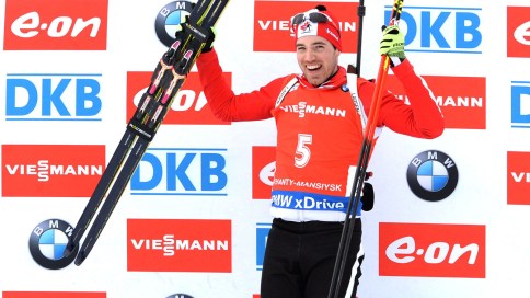 Nathan Smith Nathan Smith celebrates atop the World Cup biathlon podium in Russia, March 21, 2015.
