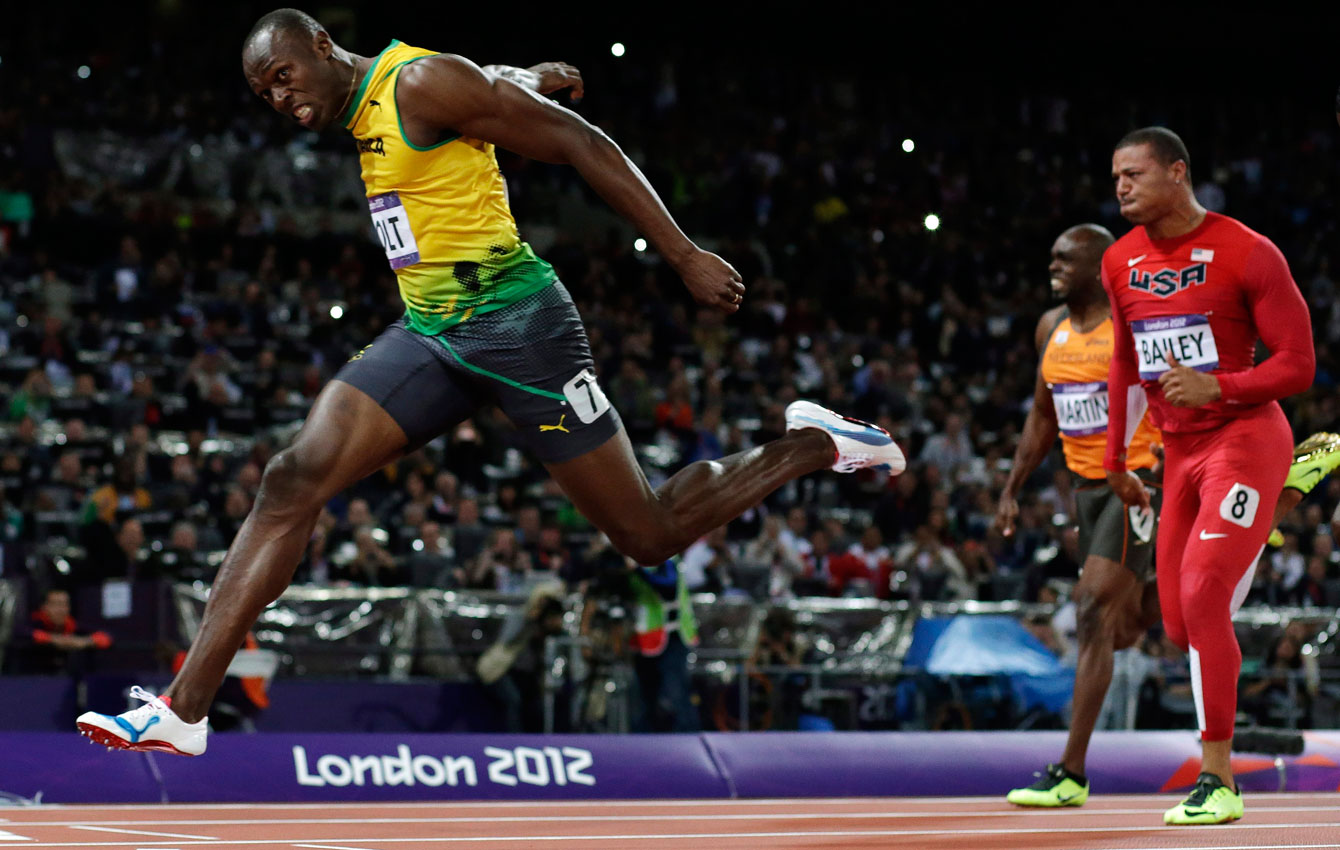 Usain Bolt crosses the finish line at London 2012 in the 100m. 