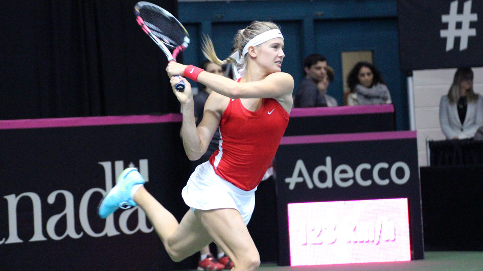 Eugenie Bouchard hits a return against Andreea Mitu in Fed Cup on April 19, 2015. 