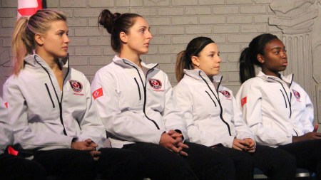The Canadian team (L-R) Eugenie Bouchard, Gabriela Dabrowski, Sharon Fischman and Francoise Abanda at the Fed Cup draw versus Romania on April 17, 2015.