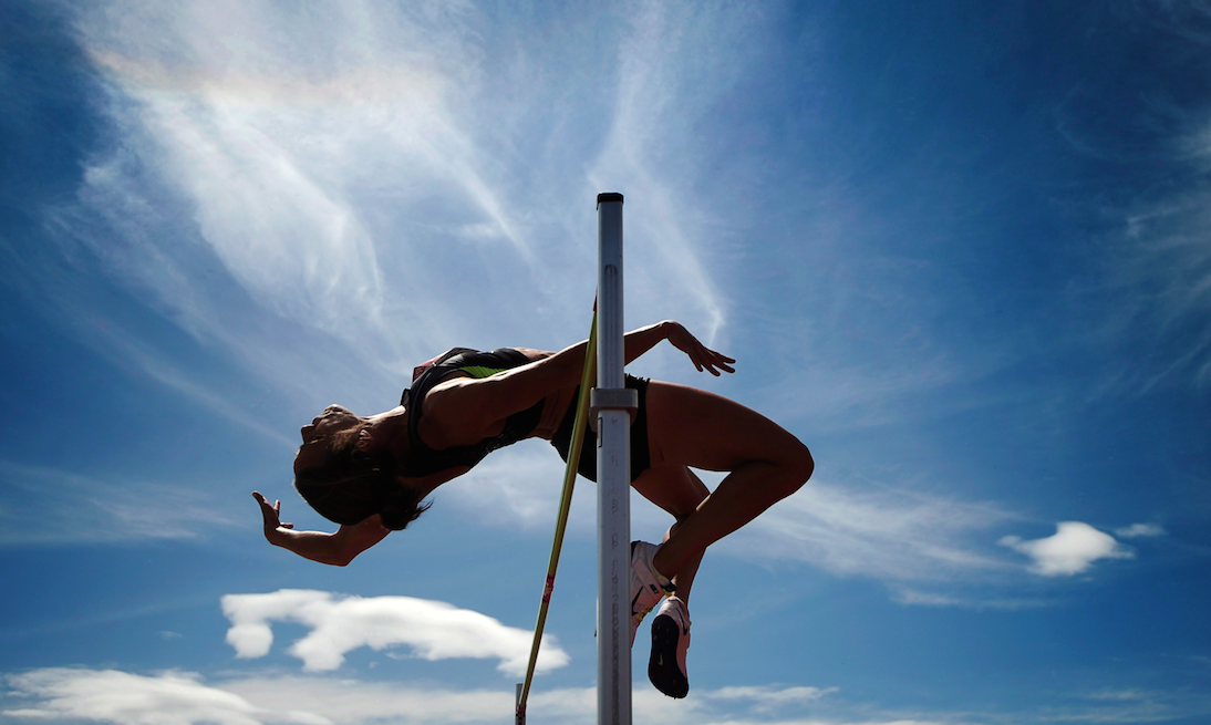 Jessica Zelinka of London, Ont., competes in the high jump during the heptathlon event at the Canadian Track and Field Championships in Calgary on Wednesday, June 27, 2012. THE CANADIAN PRESS/Sean Kilpatrick