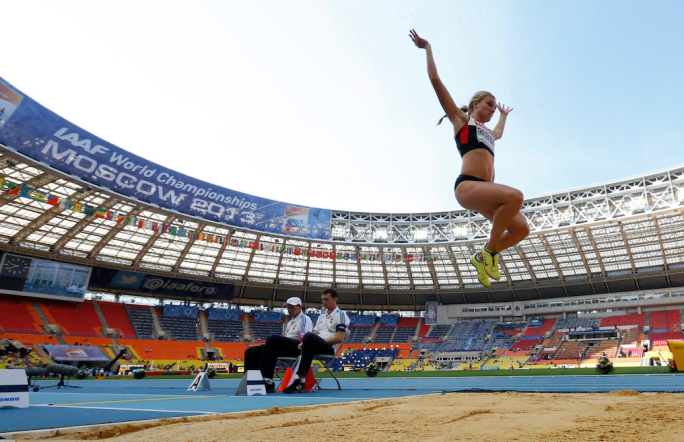 Canada's Brianne Theisen Eaton competes in the long jump in the heptathlon at the World Athletics Championships in the Luzhniki stadium in Moscow, Russia, Tuesday, Aug. 13, 2013. (AP Photo/Matt Dunham)