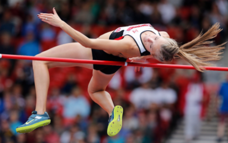Canada's Brianne Theisen-Eaton jumps during the Women's Heptathlon jumping competition at Hampden Park Stadium during the Commonwealth Games 2014 in Glasgow, Scotland, Tuesday July 29, 2014. (AP Photo/Frank Augstein)