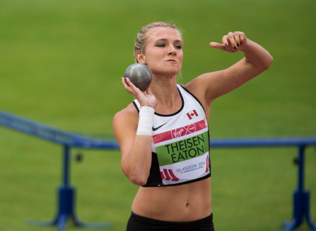 Canada's Brianne Theisen-Eaton competes in the shot put event of the women's heptathlon at Hampden Park at the Commonwealth Games in Glasgow, Scotland on Tuesday, July 29, 2014. THE CANADIAN PRESS/Andrew Vaughan