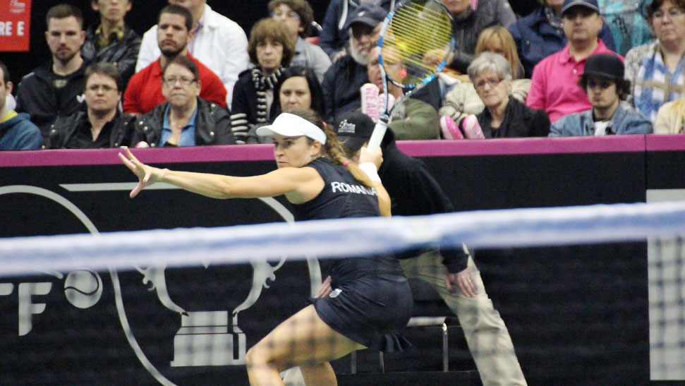 Alexandra Dulgheru lines up a forehand return against Eugenie Bouchard at Fed Cup, April 18, 2015. 
