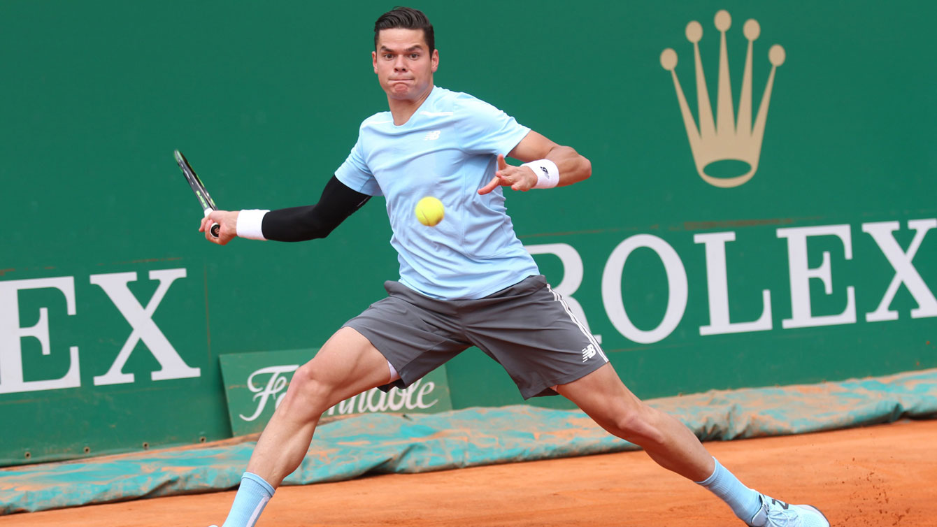 Milos Raonic in action at the Monte Carlo Masters, April 16, 2015. 