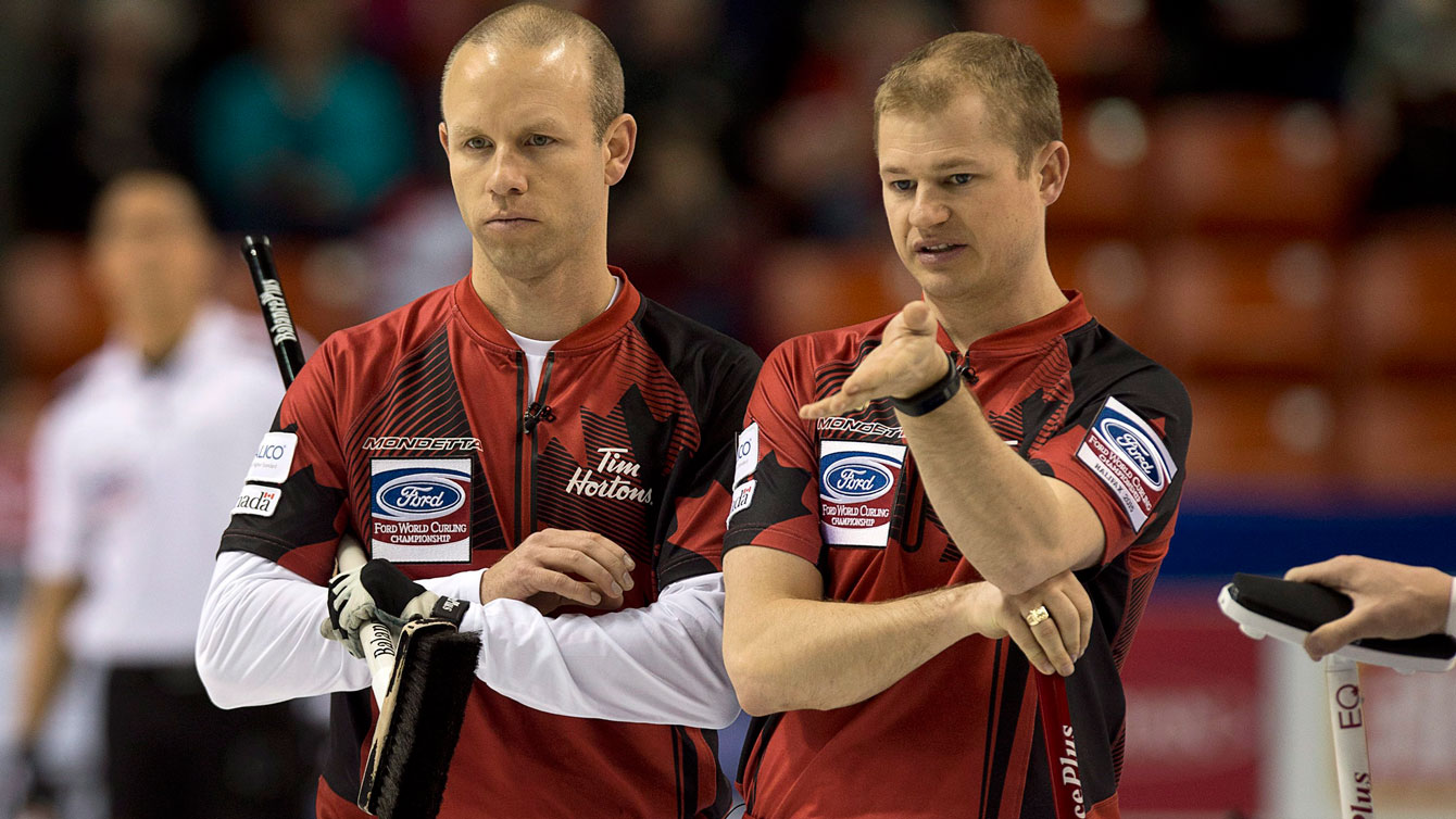 Pat Simmons and Carter Rycroft during round robin action at 2015 Men's Curling World Championship in Halifaxt.