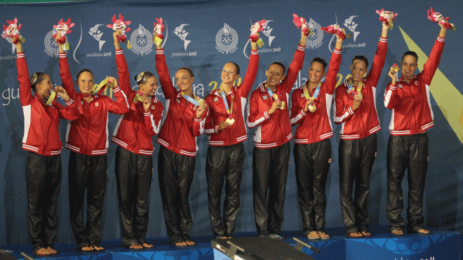 Team Canada showing off their gold at the Pan Am Games in the team event at Guadalajara, 2011.