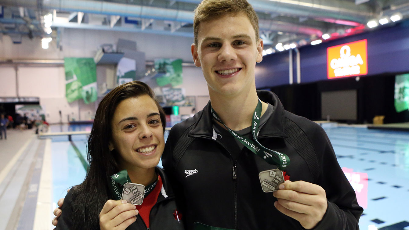 Meaghan Benfeito and Vincent Riendeau with their mixed 10m synchro World Series silver medal in Windsor on May 24, 2015. 