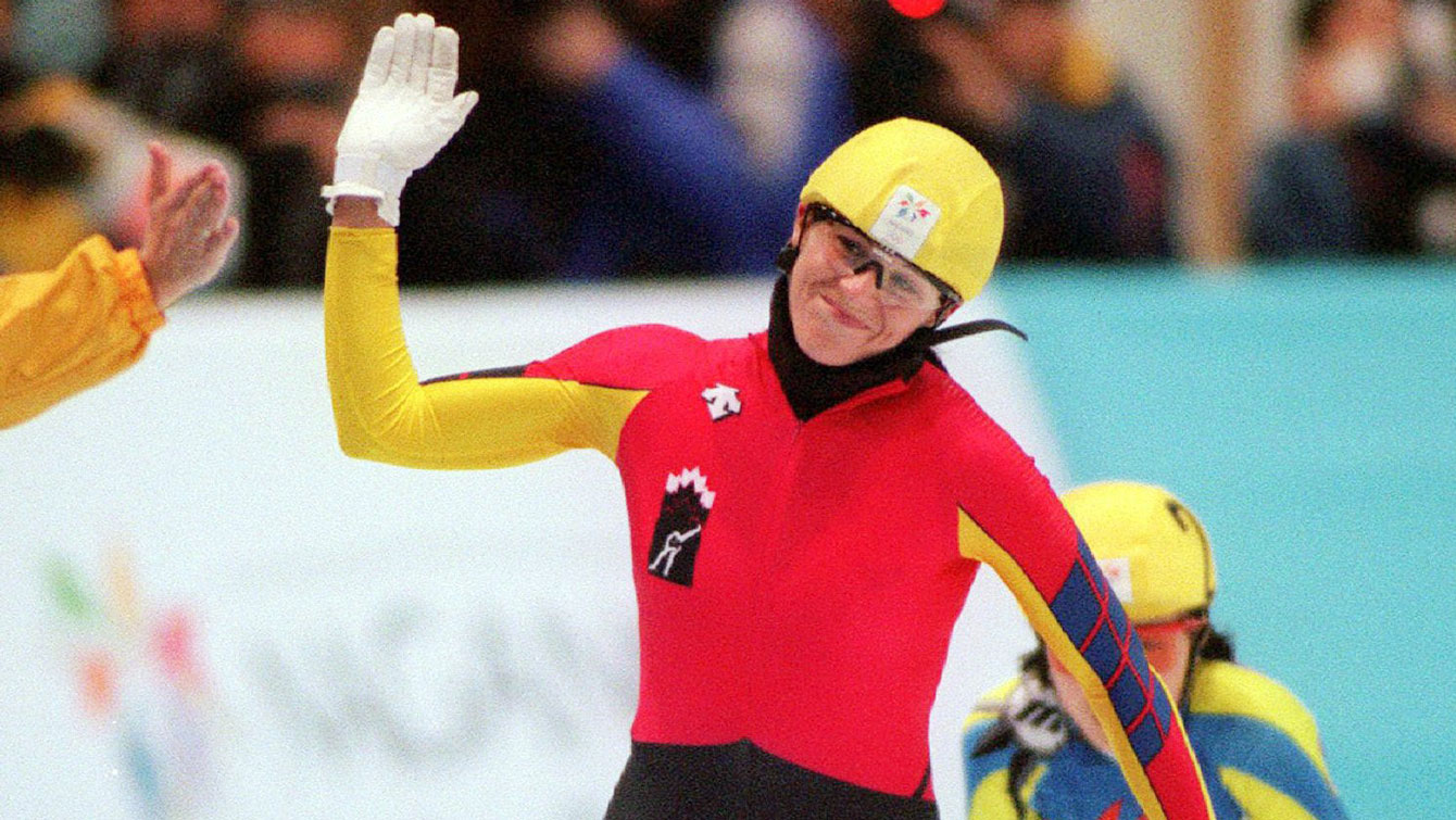 Isabelle Charest competes in short track speed skating at Nagano 1998. 