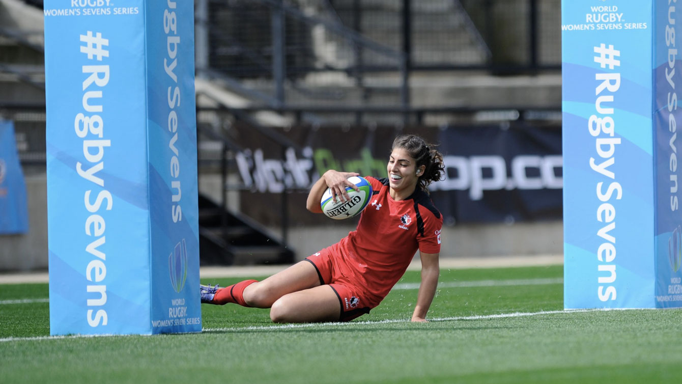 Bianca Farella is all smiles after scoring a try against France at 2015 Atlanta Sevens (Photo: Wojie Photography).