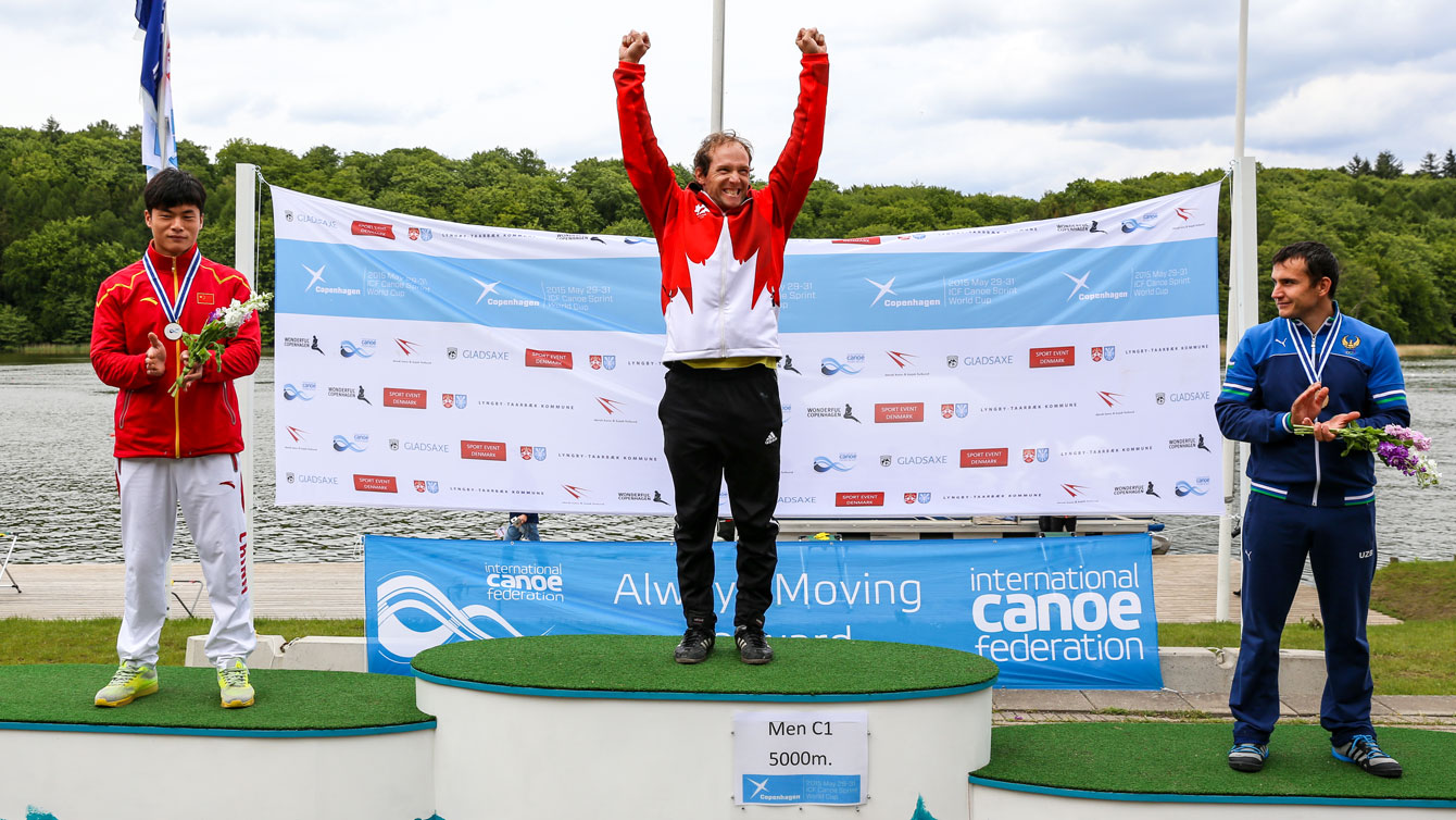 Gabriel Beauchesne-Sévigny celebrates his World Cup gold medal in the endurance C1 5000 on May 31, 2015.