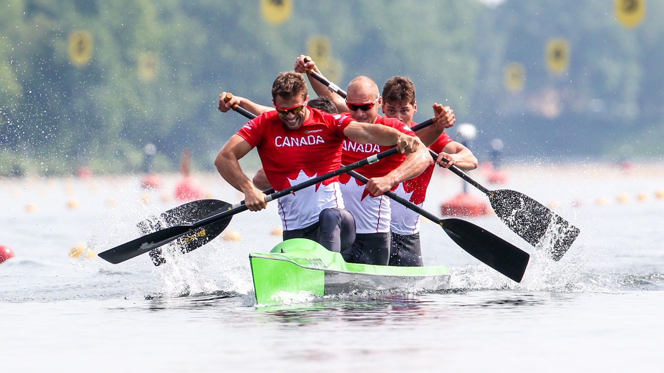 Canada paddled to a gold in the non-Olympic men's K4 200m race at the World Cup event in Duisburg, Germany on May 24, 2015 (Photo: Balint Vekassy).