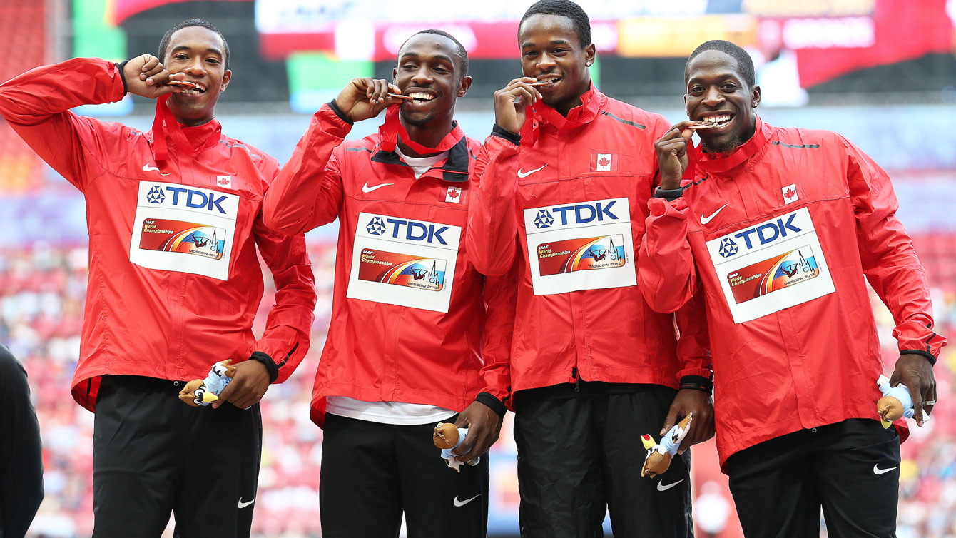 Canadian men's 4x100m relay team enjoy their World Championships podium moment at Moscow 2013 (Photo: Athletics Canada). 