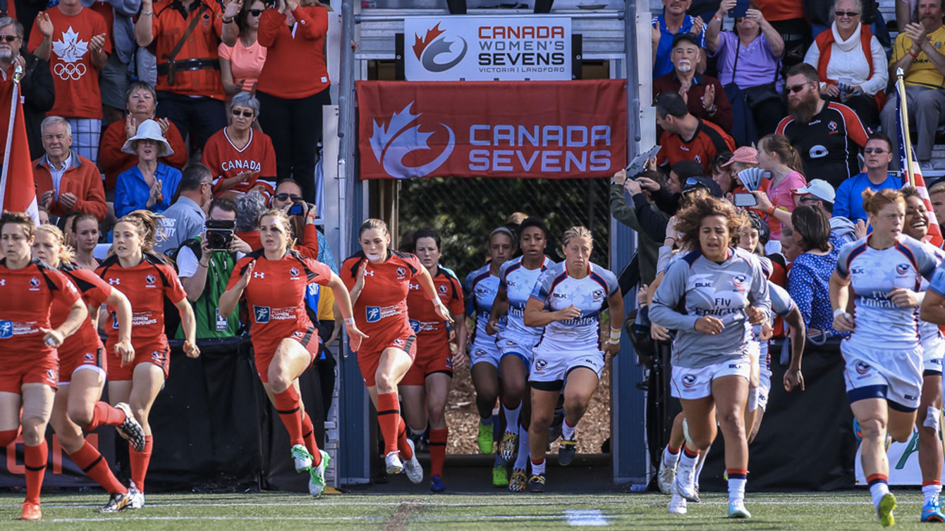 Canada and USA march out for 2015 Canada Sevens in Langford, BC near Victoria (Photo: Lorne Collicutt).