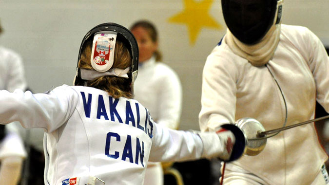 Donna Vakalis competes for Canada in the fencing portion of modern pentathlon. 