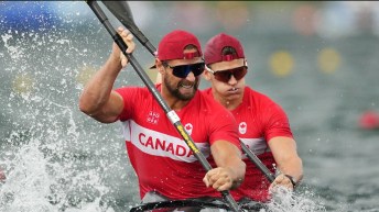 Team Canada’s Pierre-Luc Poulin, left, and Simon McTavish compete in men's canoe double 500m sprint at the 2024 Paris Olympic Games in France