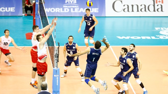 Nicolas Bruno of Argentina spikes against Canada in World League on June 6, 2015 (Photo: FIVB). 