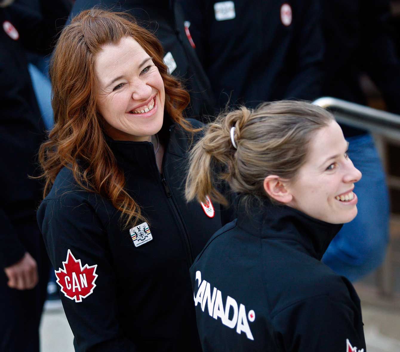 Clara Hughes, left, and Christine Nesbitt, smile before being named to the 2010 Olympic team in Calgary, Monday, Jan. 11, 2010. THE CANADIAN PRESS/Jeff McIntosh