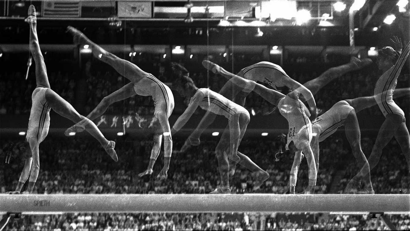 A multi-exposure photo of Nadia Comaneci from AP's Suzanne Vlamis illustrating Nadia Comaneci's grace in the beam, where she scored a 10.00 at Montreal 1976. 