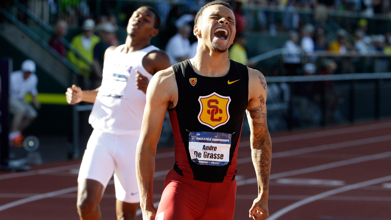 Andre De Grasse wins the NCAA 200m title in a wind-aided 19.58 seconds in Eugene, Oregon on June 12, 2015 (Photo: AP/Don Ryan). 
