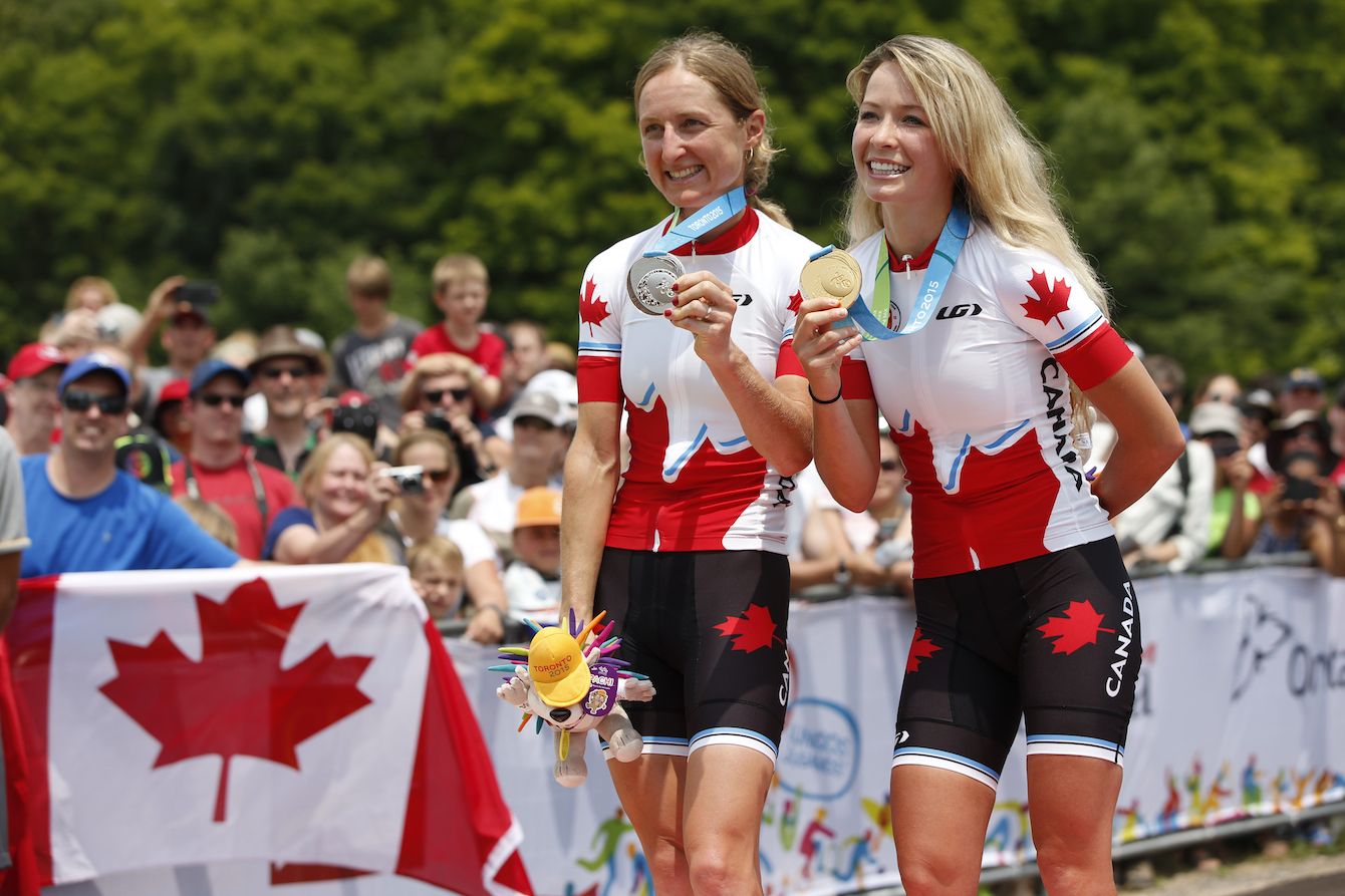 Emily Batty (right) gold medallist and Catharine Pendrel, silver medallist. Women's mountain bike at 2015 Pan Am Games.