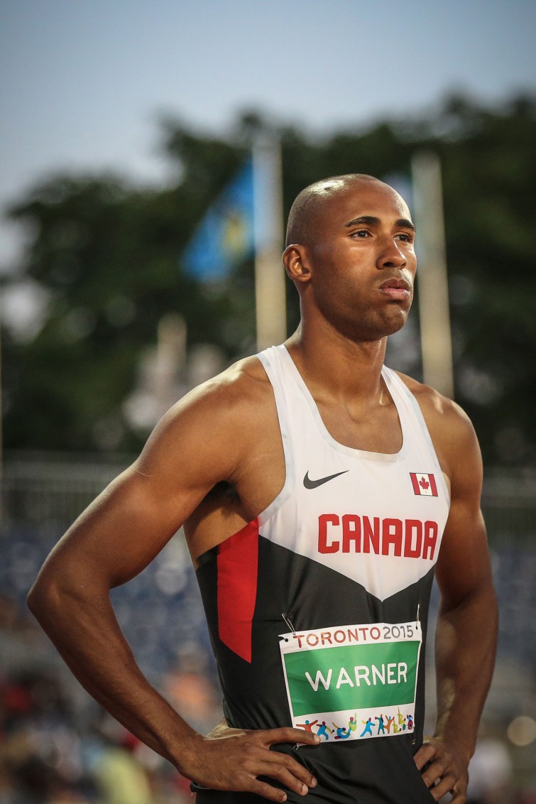 Damian Warner stands ready at the start of the Pan Am Games decathlon 1500m on July 23, 2015.
