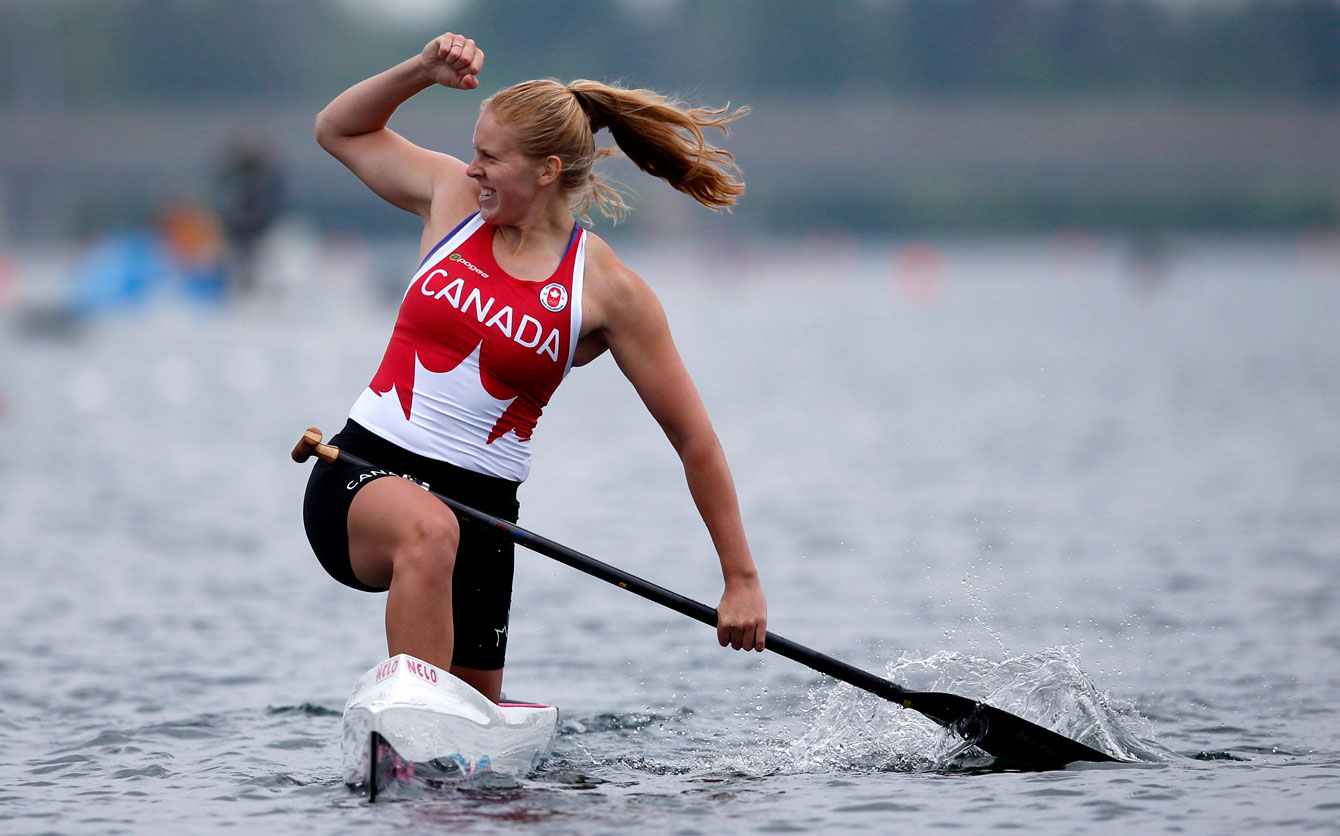 Laurence Vincent Lapointe can't contain her excitement after winning gold in women's C-1 200m. (Photo: Michael Hall)