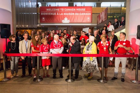 Adam-Pulicicchio-Canada-House-JPEGs-24 Marcotte (third from left) and Horn-MIller (second from right) help officially open Canada House.