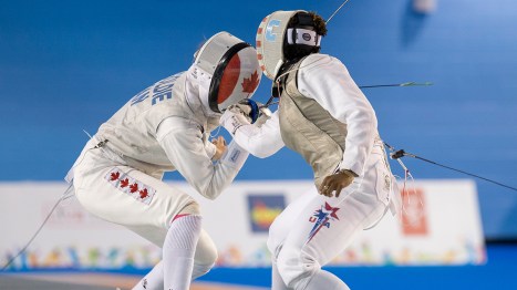 Eleanor Harvey competes in team foil fencing