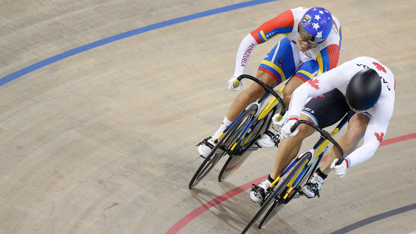 Hugo Barrette in the men's sprint semifinals against Hersony Canelon Vera of Venezuela on July 18, 2015.